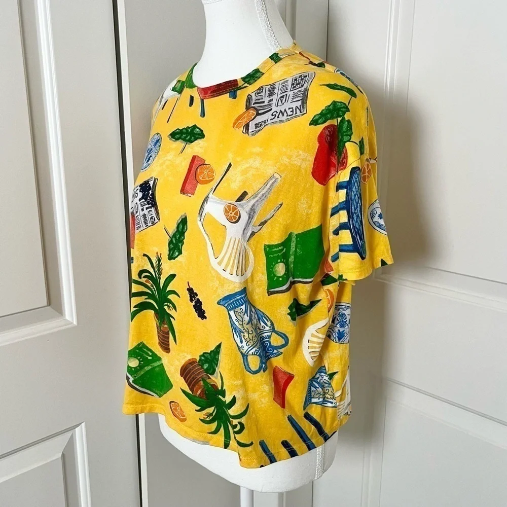 Zara Summer Patio Graphic Boxy Tee T-Shirt-Yellow Multicolor-Women Size Medium - Picture 2 of 11